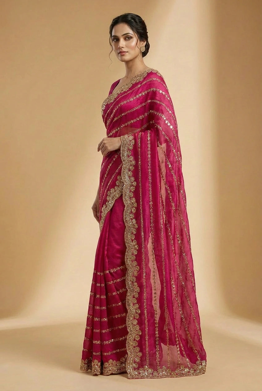 Red and Rani Satin Embroidered Saree for Celebrations