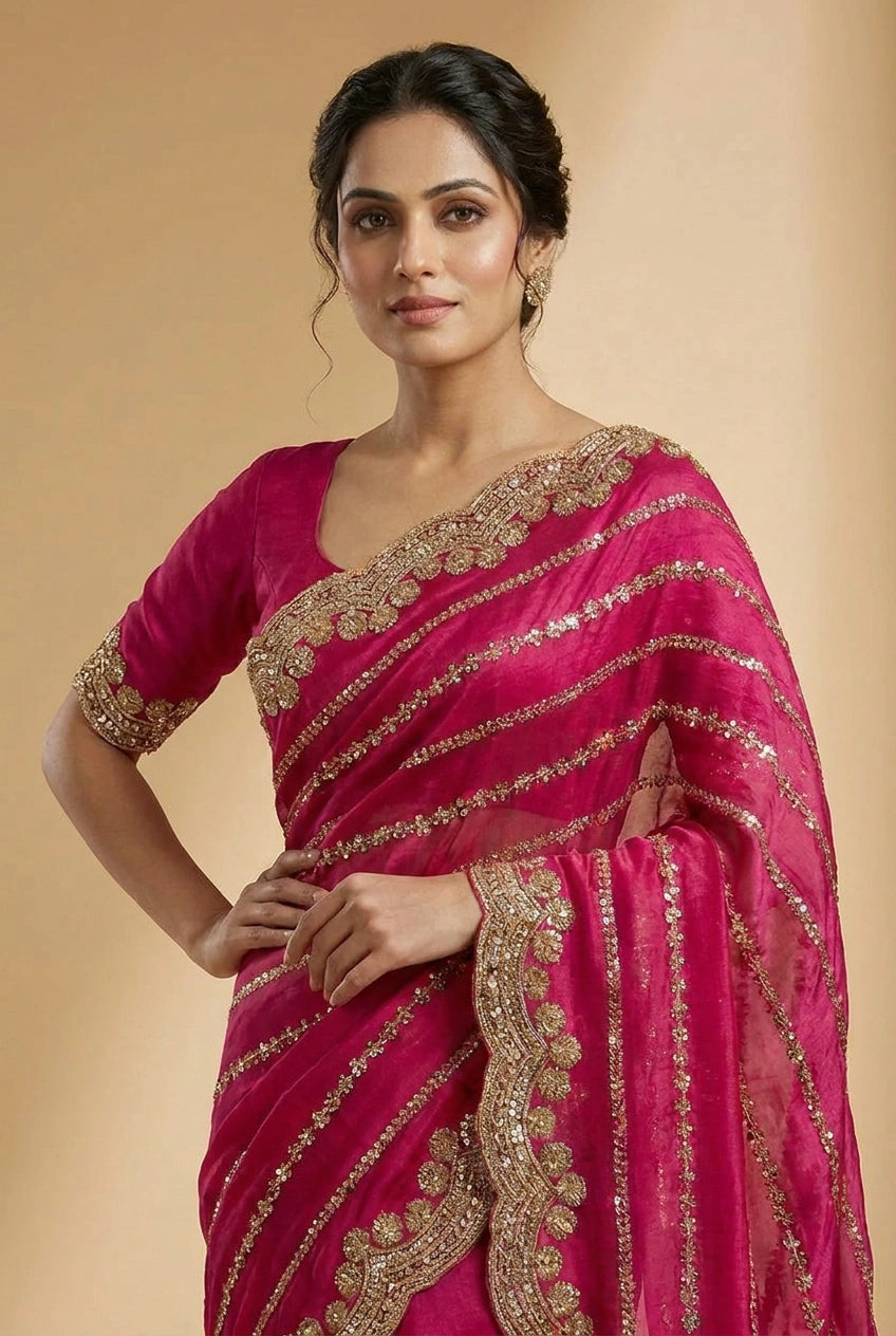Red and Rani Satin Embroidered Saree for Celebrations