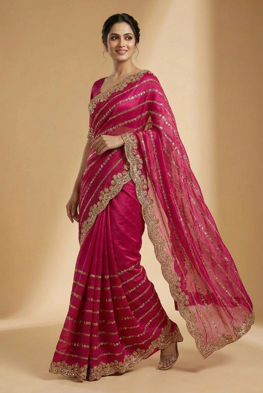Red and Rani Satin Embroidered Saree for Celebrations