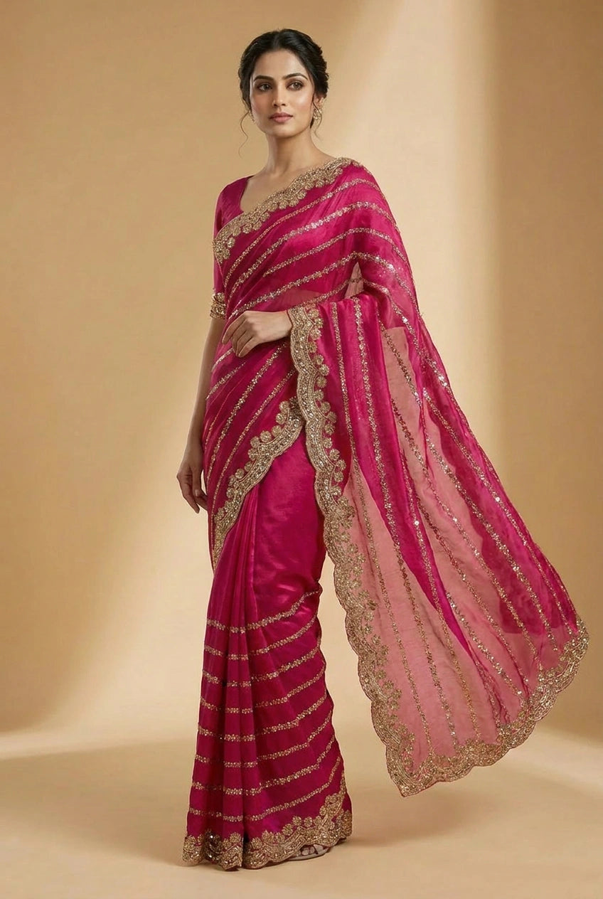 Red and Rani Satin Embroidered Saree for Celebrations