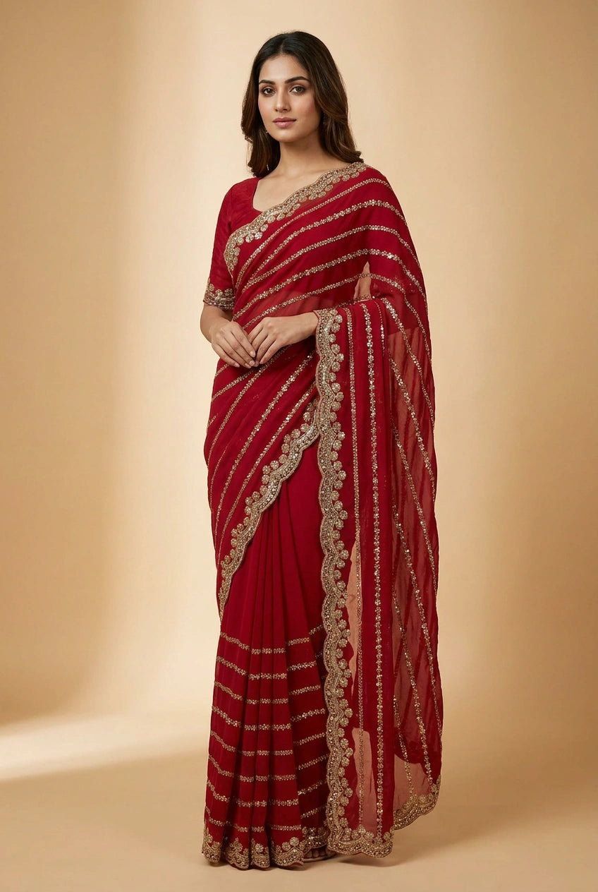 Red and Rani Satin Embroidered Saree for Celebrations