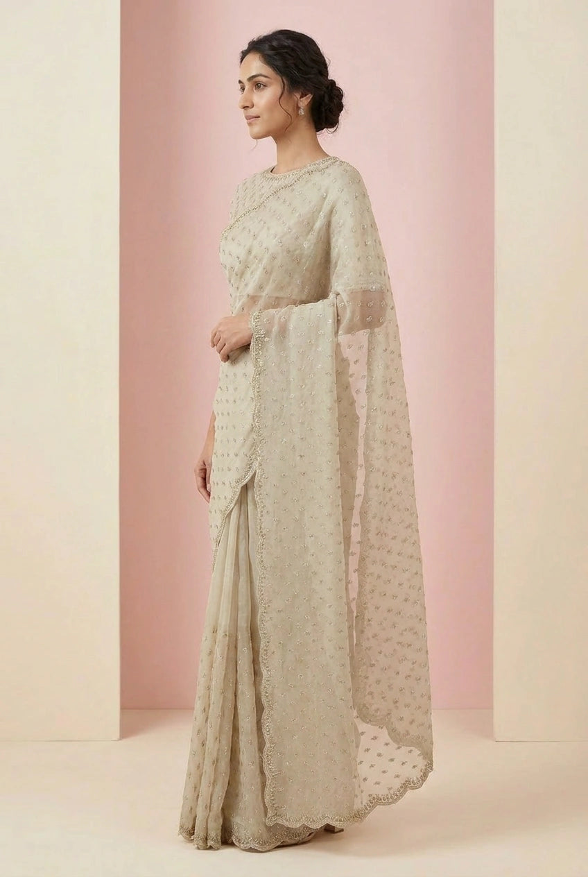 Beige Satin Embroidered Saree for Festive and Puja Wear