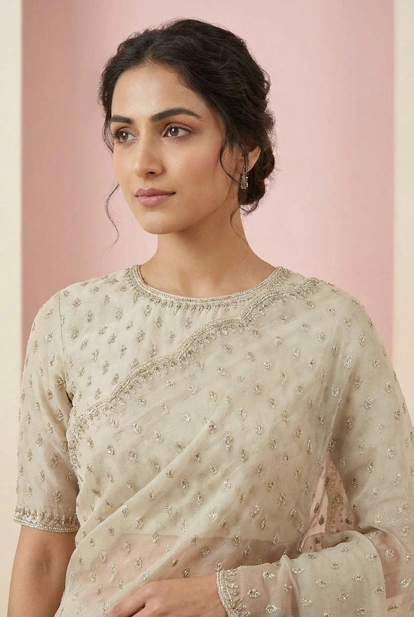 Beige Satin Embroidered Saree for Festive and Puja Wear