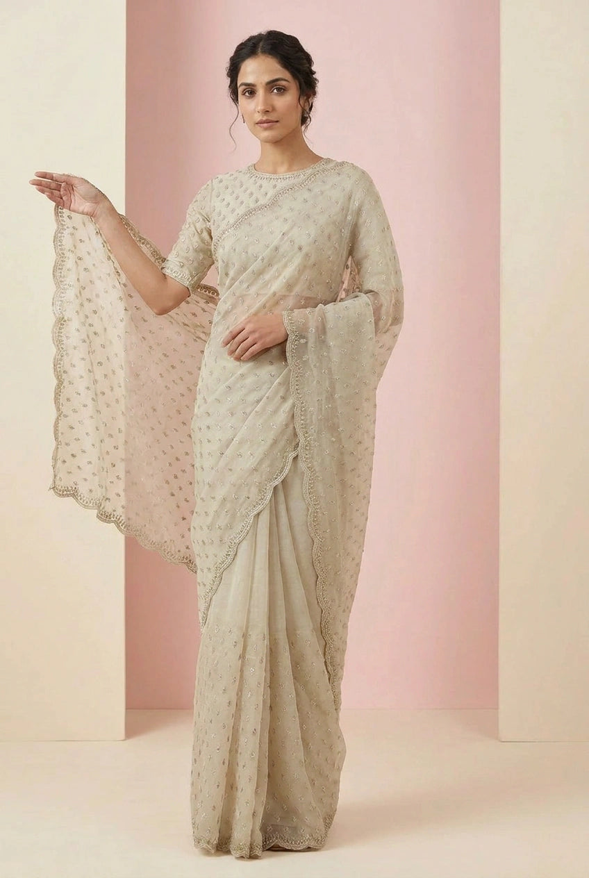 Beige Satin Embroidered Saree for Festive and Puja Wear