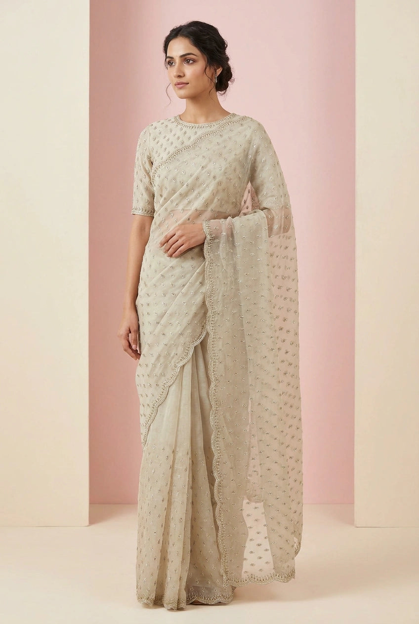 Beige Satin Embroidered Saree for Festive and Puja Wear