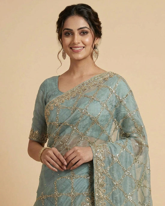 Fandy Tissue Embroidered Saree with Multicolour Floral Work - Rangoli India