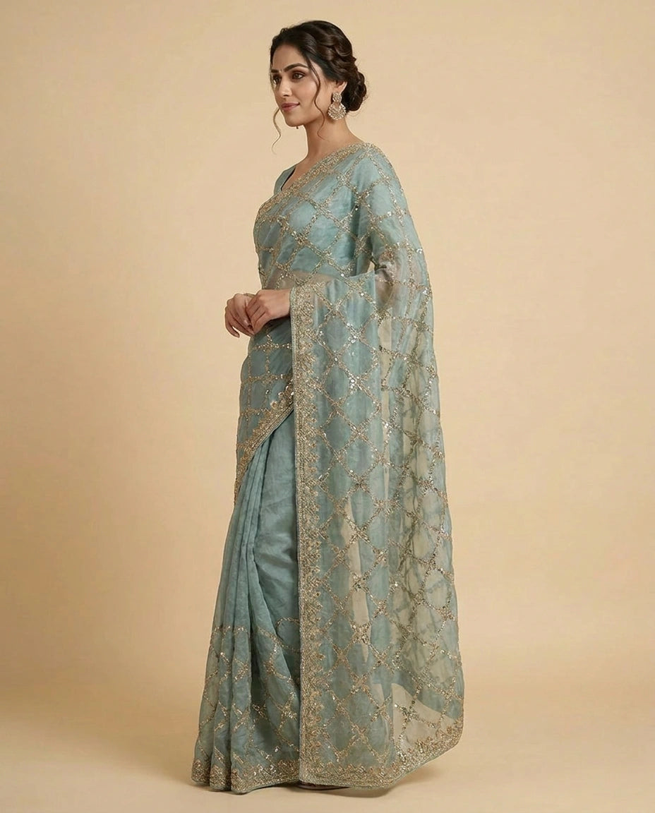 Fandy Tissue Embroidered Saree with Multicolour Floral Work - Rangoli India