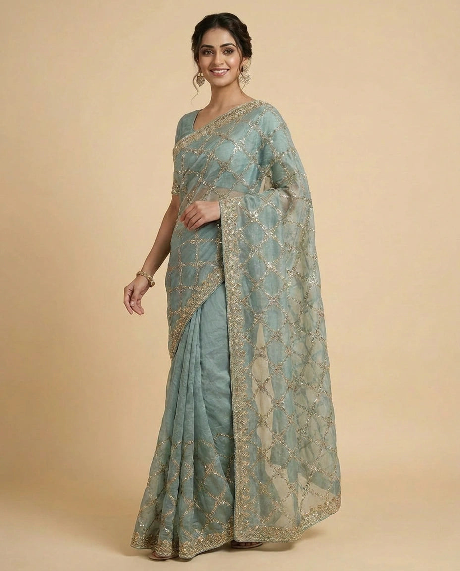 Fandy Tissue Embroidered Saree with Multicolour Floral Work - Rangoli India