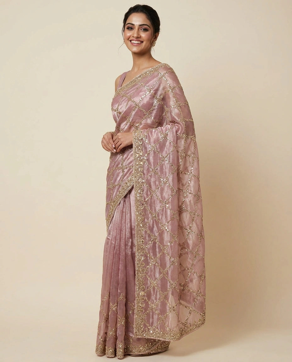 Fandy Tissue Embroidered Saree with Multicolour Floral Work - Rangoli India
