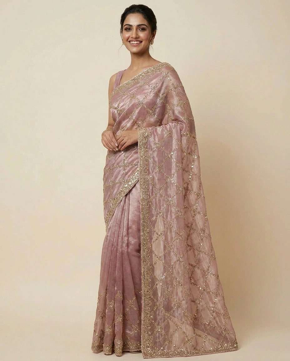 Fandy Tissue Embroidered Saree with Multicolour Floral Work - Rangoli India