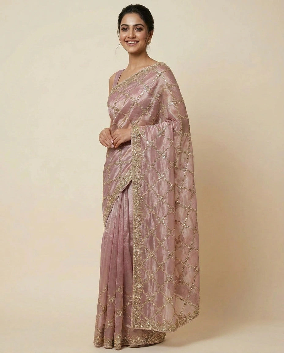 Fandy Tissue Embroidered Saree with Multicolour Floral Work - Rangoli India