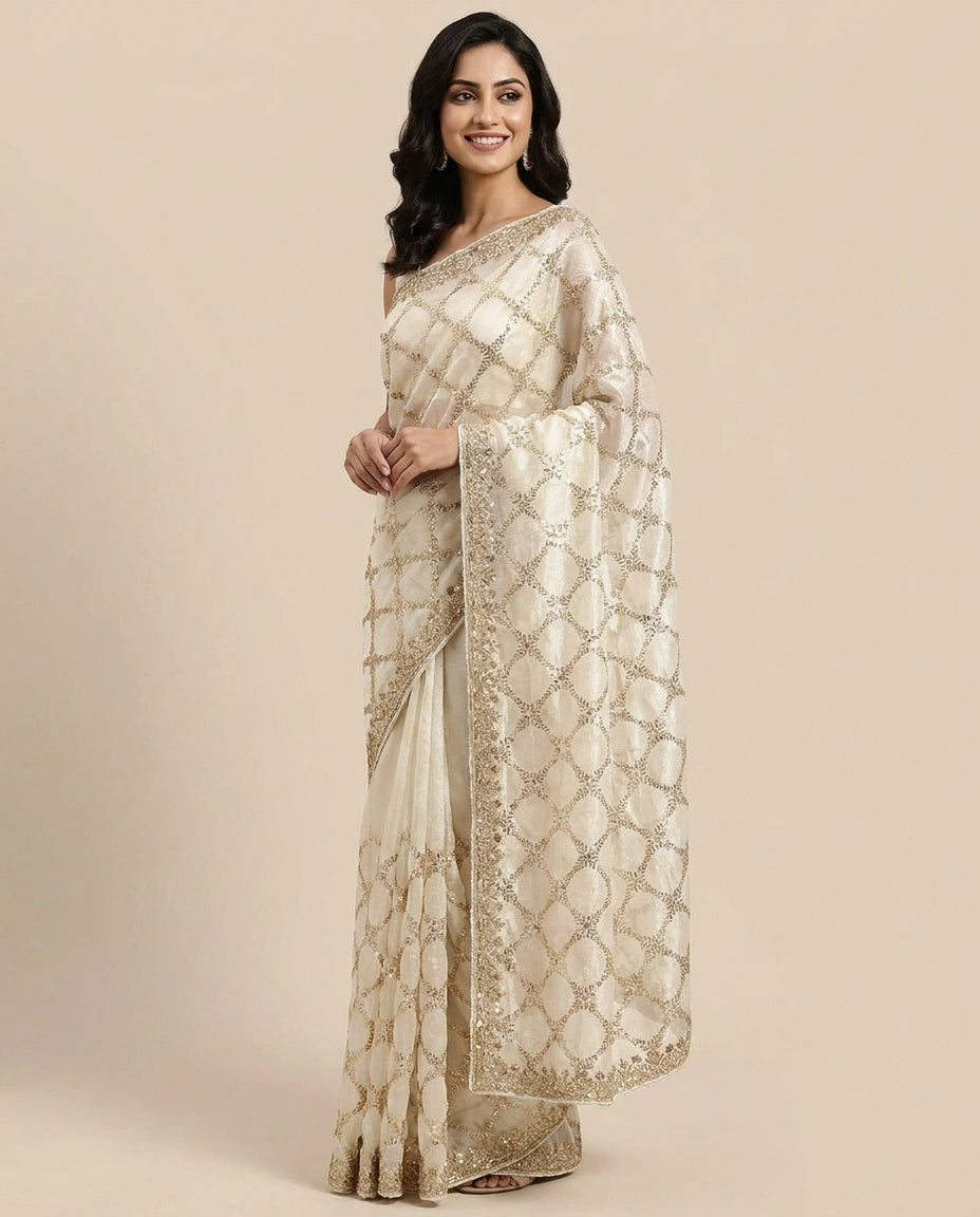 Fandy Tissue Embroidered Saree with Multicolour Floral Work - Rangoli India