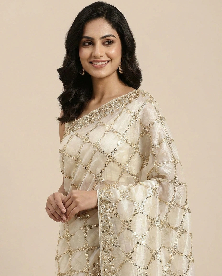 Fandy Tissue Embroidered Saree with Multicolour Floral Work - Rangoli India