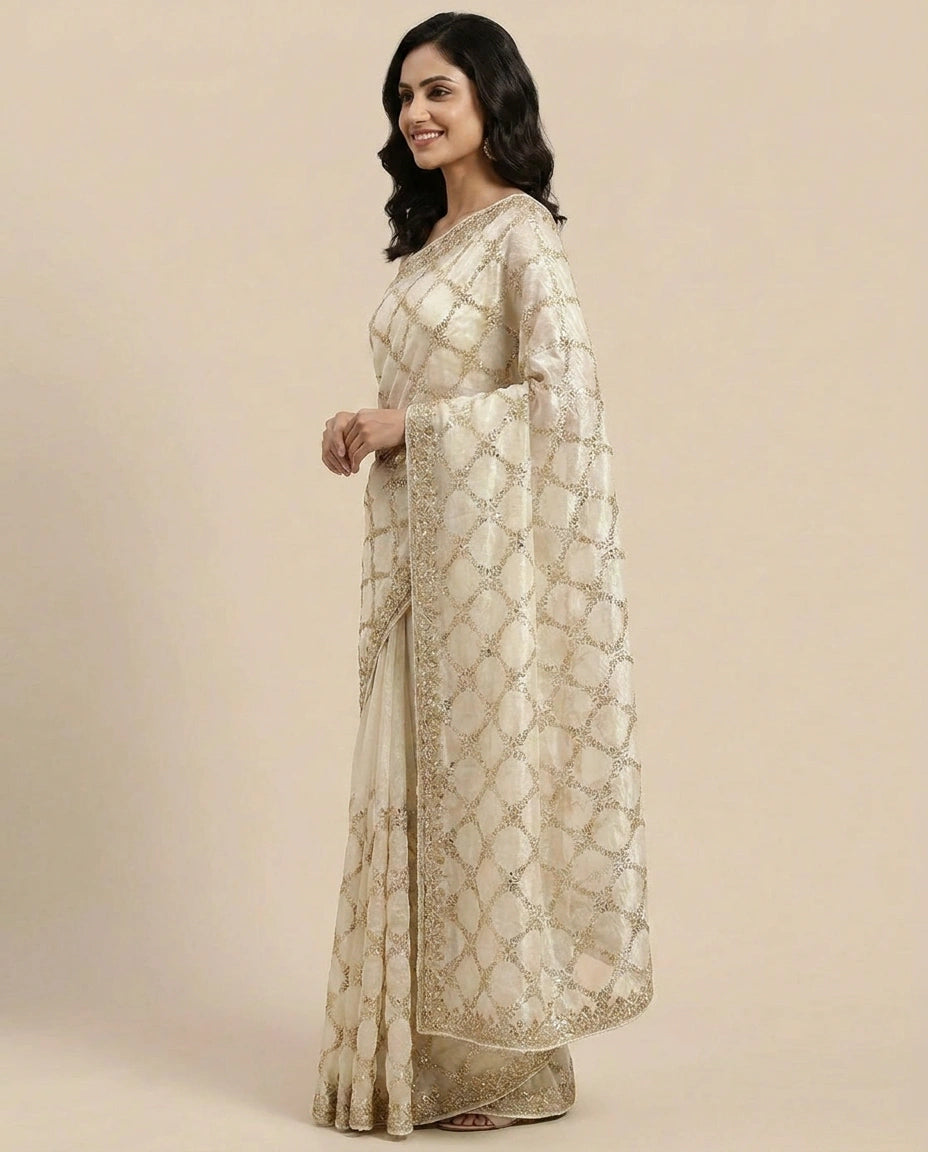 Fandy Tissue Embroidered Saree with Multicolour Floral Work - Rangoli India