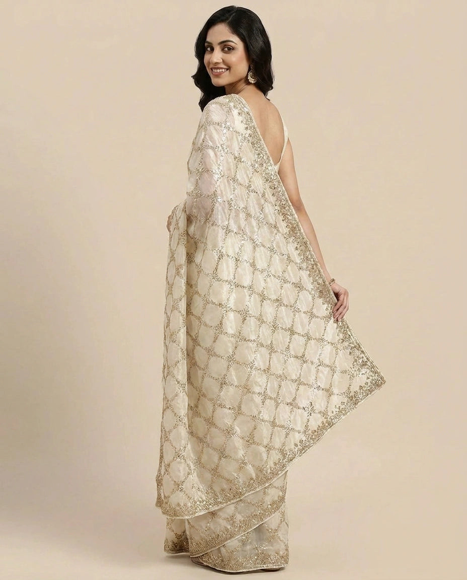 Fandy Tissue Embroidered Saree with Multicolour Floral Work