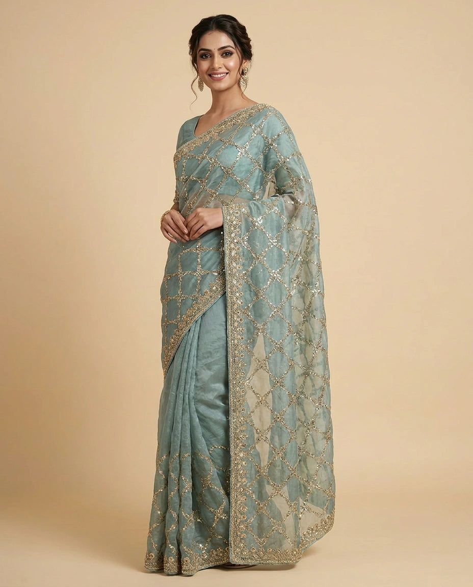 Fandy Tissue Embroidered Saree with Multicolour Floral Work - Rangoli India