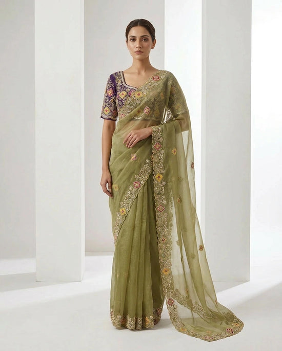 Beige Tissue Designer Blouse with Hand Embroidery - Rangoli India