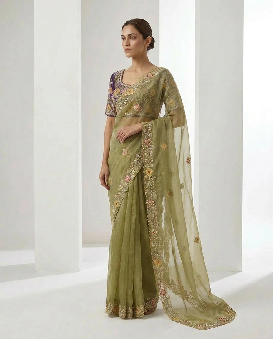 Beige Tissue Designer Blouse with Hand Embroidery view 2