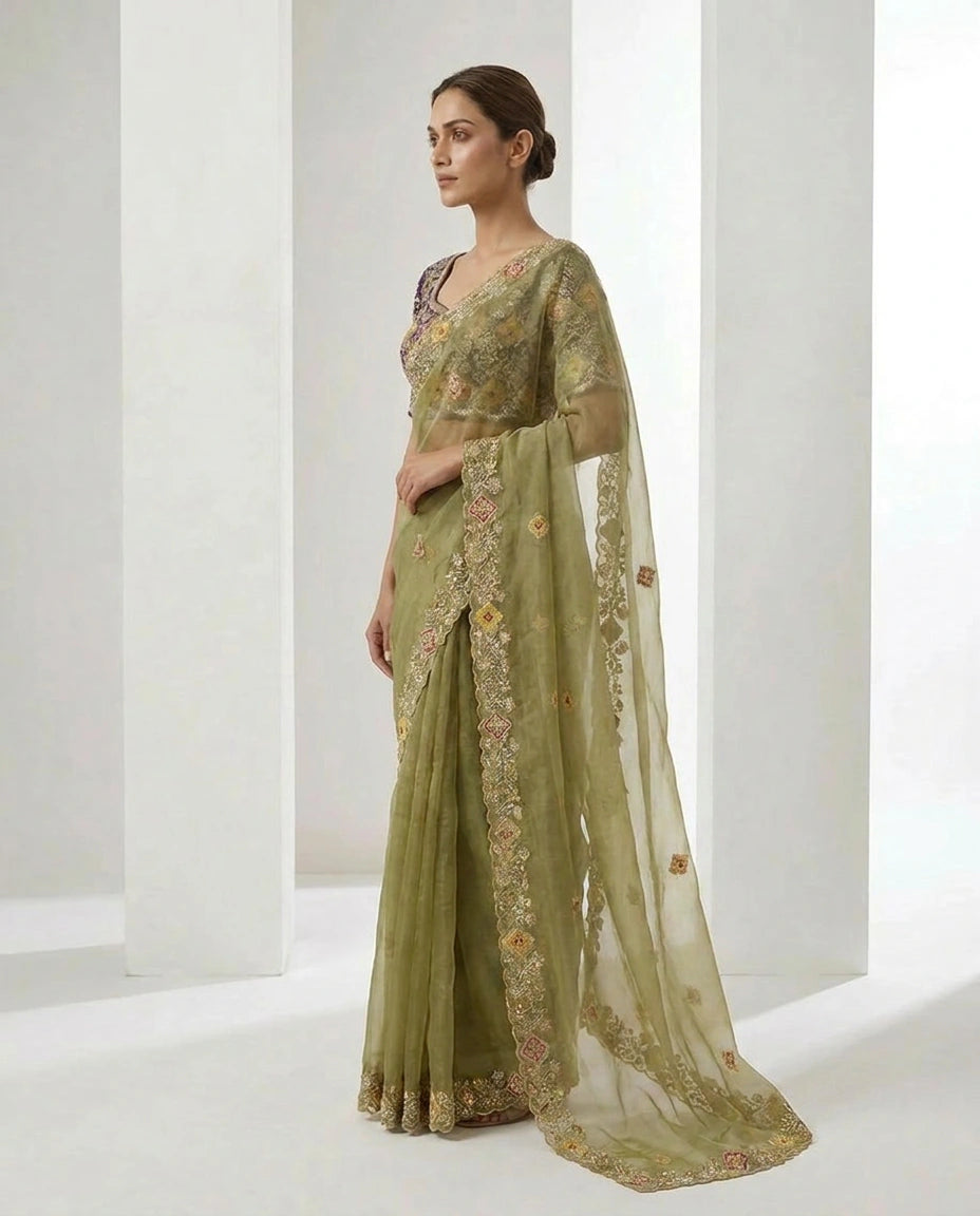 Beige Tissue Designer Blouse with Hand Embroidery view 3