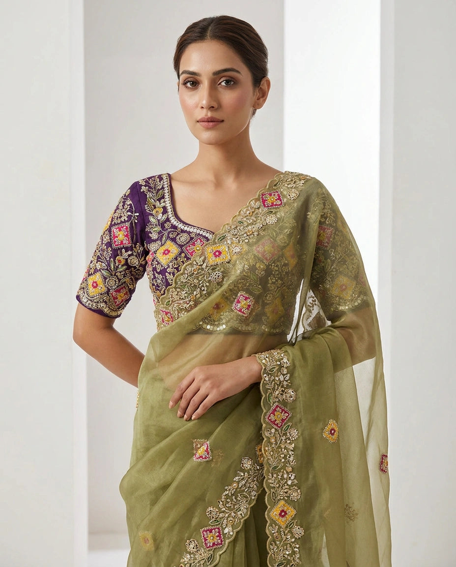 Beige Tissue Designer Blouse with Hand Embroidery view 4