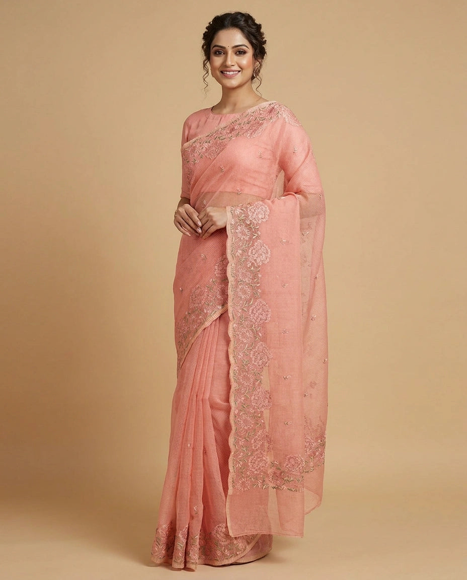 Woman wearing a pink saree with intricate designs on a beige background