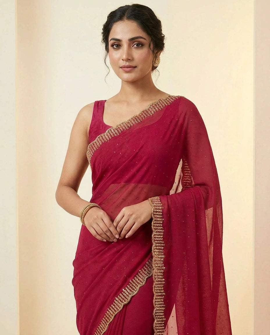 Chiffon Saree with Sequence Embroidery on Border and Pallu by Rangoli