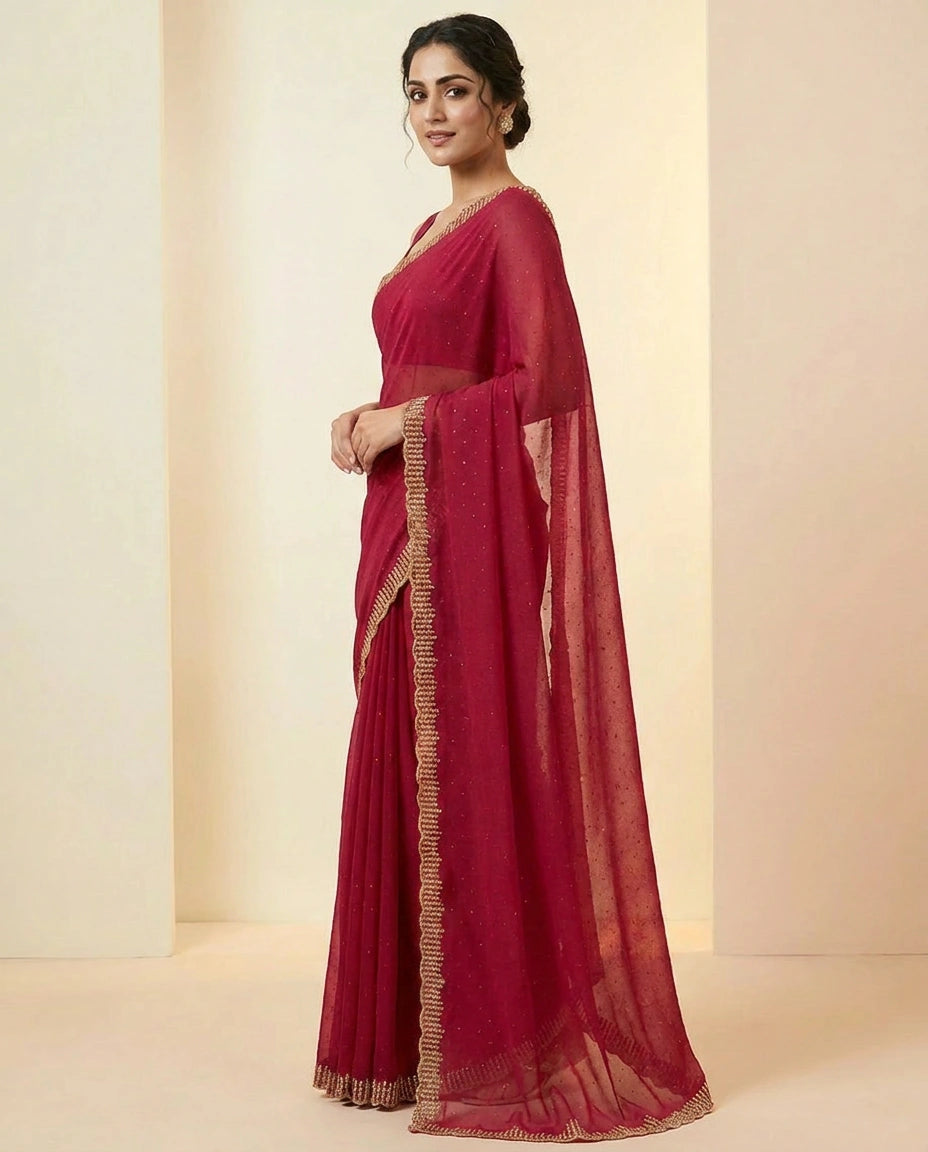 Chiffon Saree with Sequence Embroidery on Border and Pallu by Rangoli