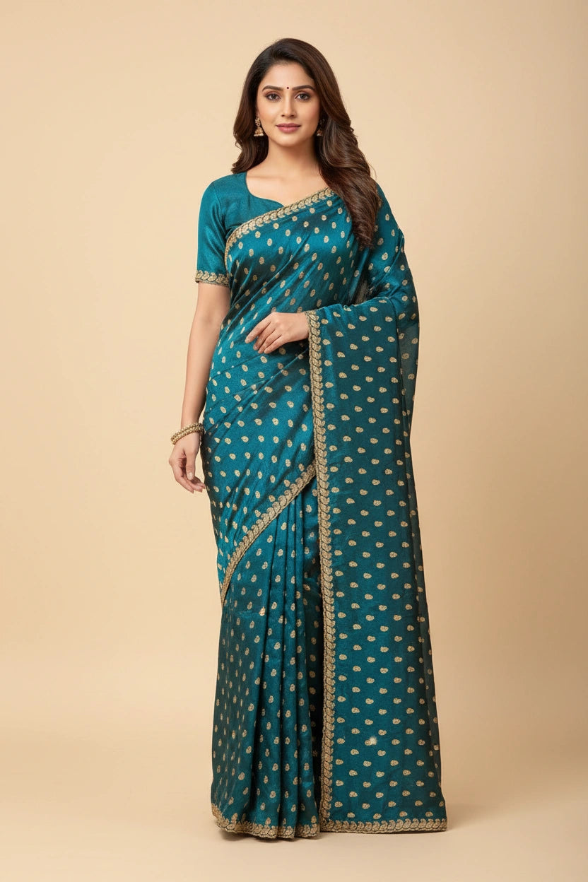 Handcrafted Fandy Satin Embroidery Saree - Rangoli Sarees