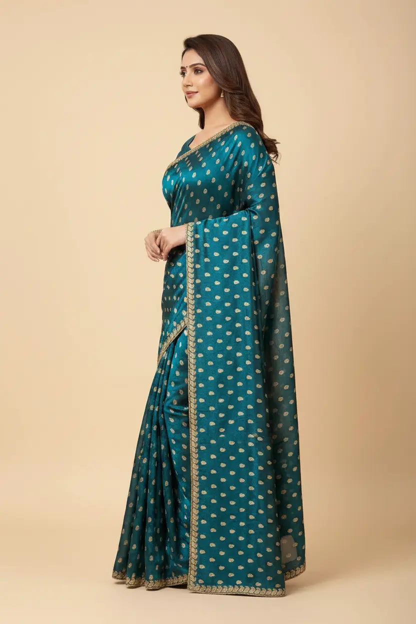 Woman wearing a teal saree with a beige background