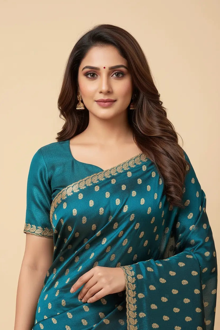 Woman wearing a teal saree with gold patterns on a beige background
