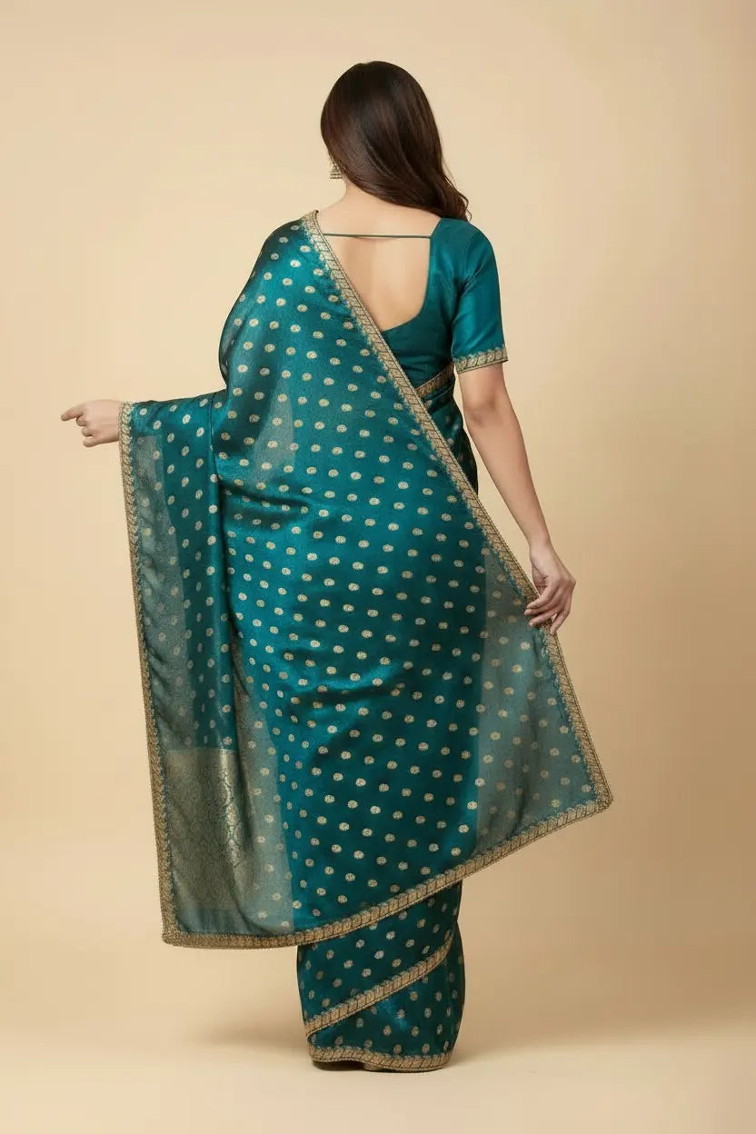 Woman wearing a teal saree with a beige background