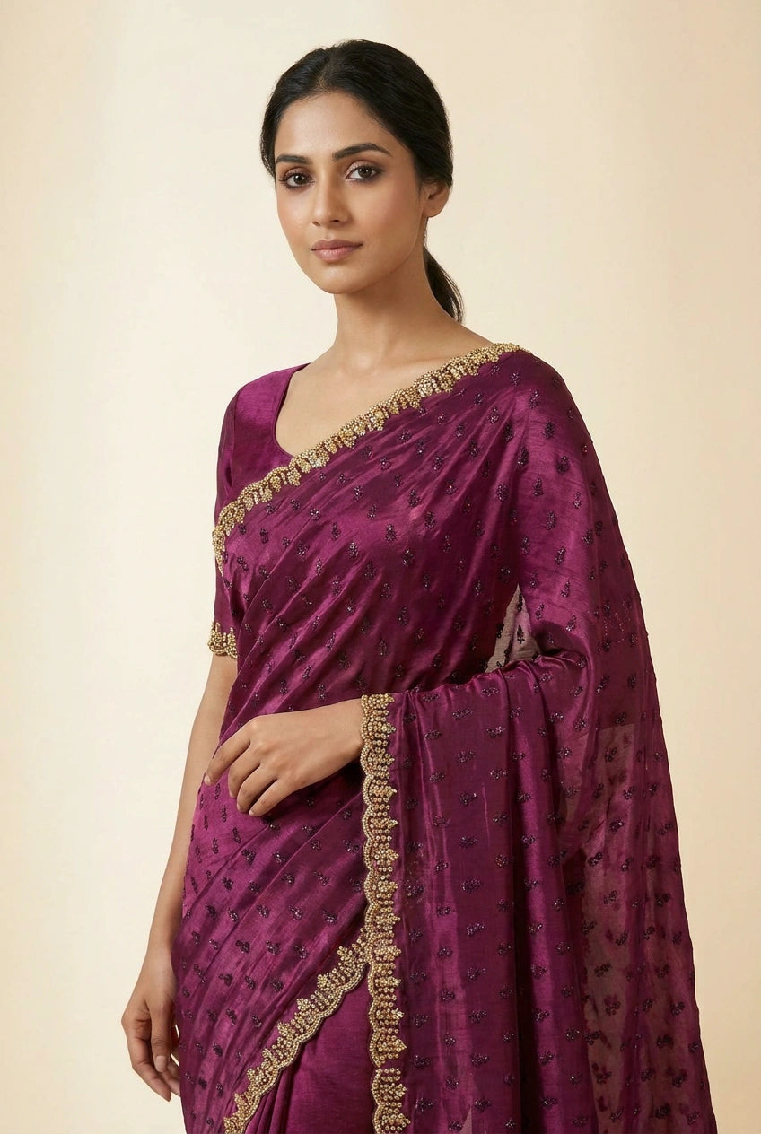 Firozi Blue Satin Embroidered Saree for Wedding Occasions