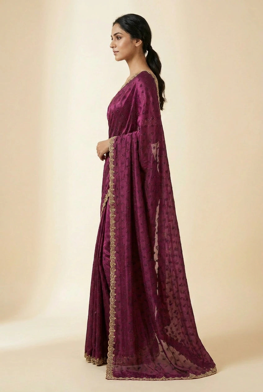 Firozi Blue Satin Embroidered Saree for Wedding Occasions