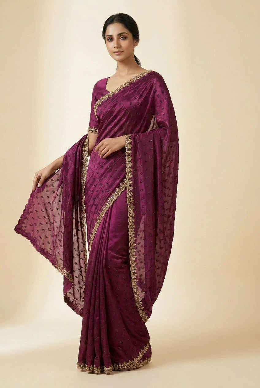 Firozi Blue Satin Embroidered Saree for Wedding Occasions