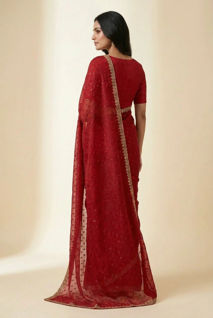 Firozi Blue Satin Embroidered Saree for Wedding Occasions