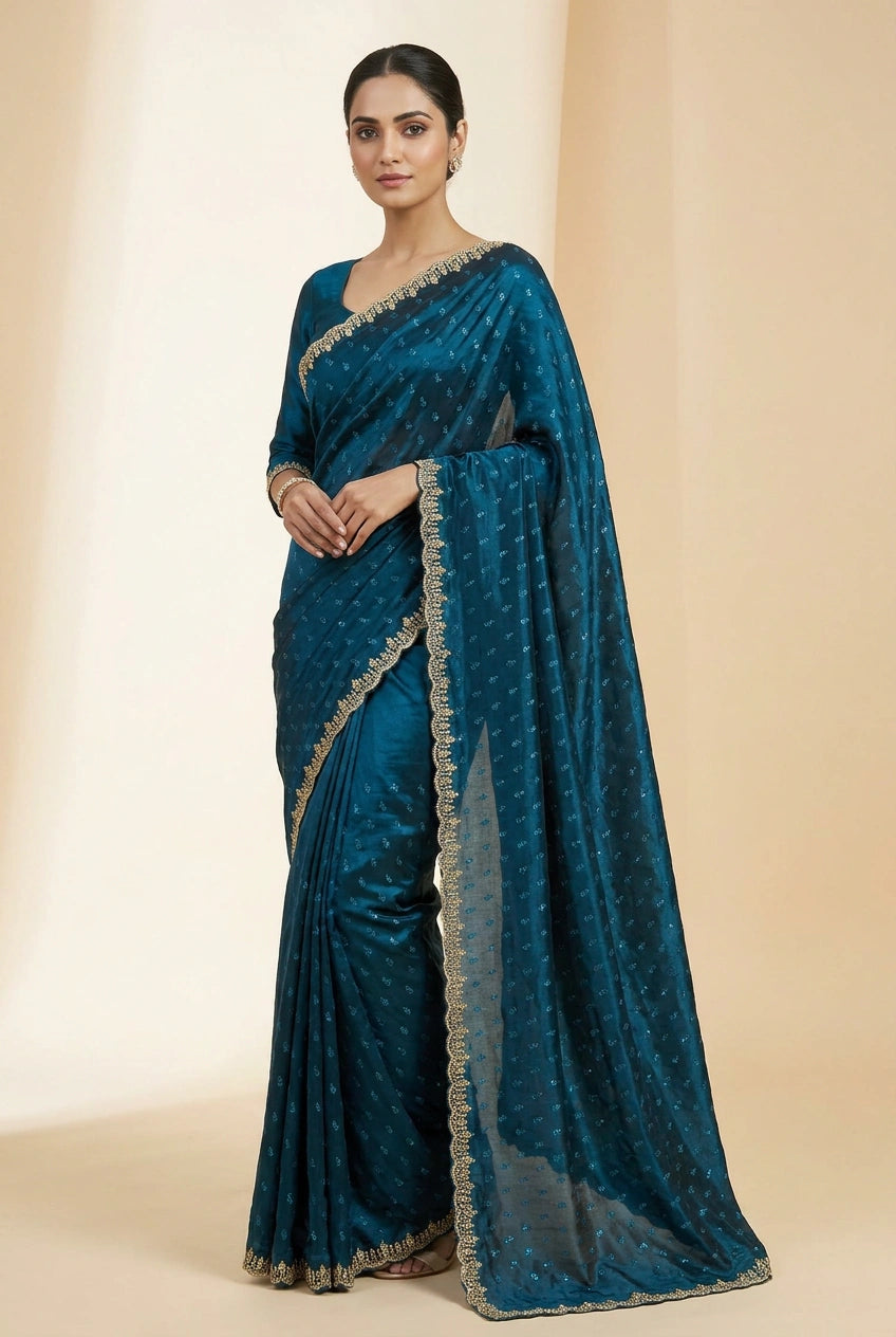 Firozi Blue Satin Embroidered Saree for Wedding Occasions