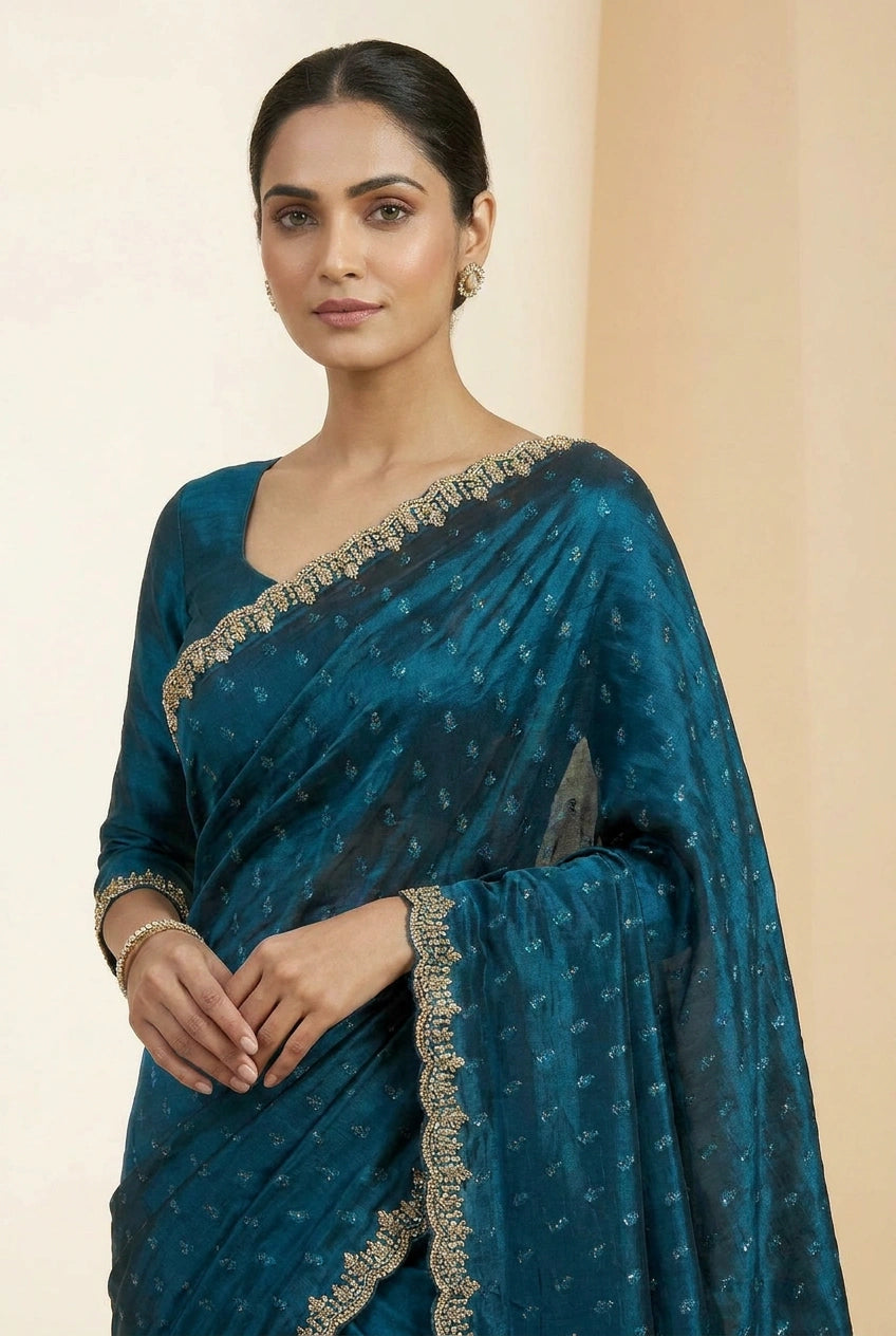 Firozi Blue Satin Embroidered Saree for Wedding Occasions