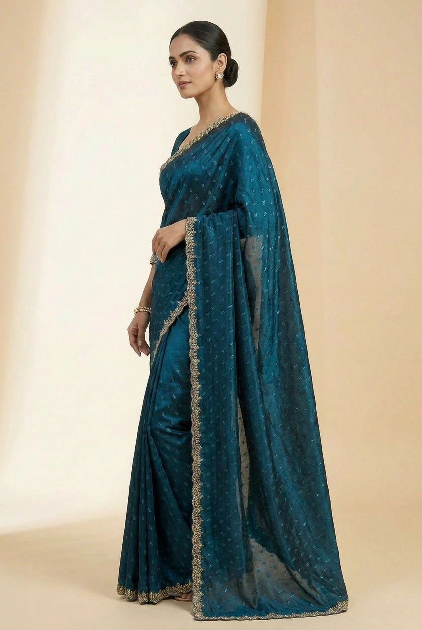 Firozi Blue Satin Embroidered Saree for Wedding Occasions
