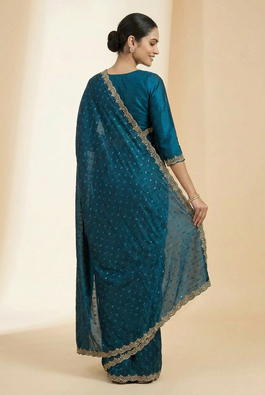 Firozi Blue Satin Embroidered Saree for Wedding Occasions