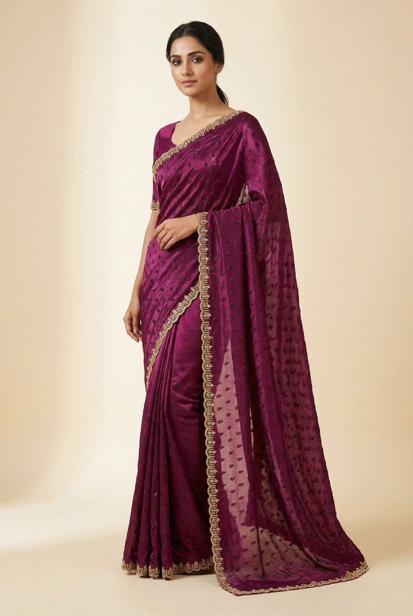 Firozi Blue Satin Embroidered Saree for Wedding Occasions