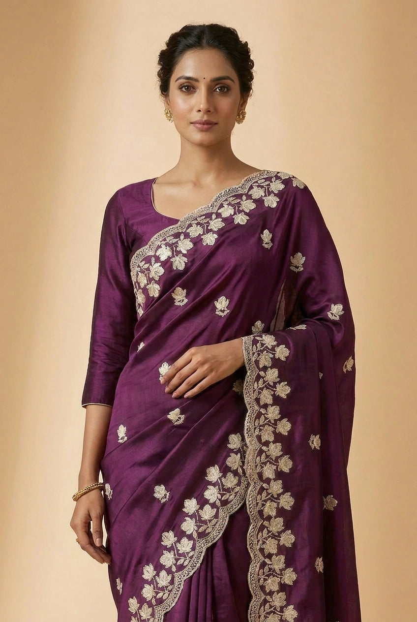 Woman wearing a purple saree with white floral embroidery on a beige background