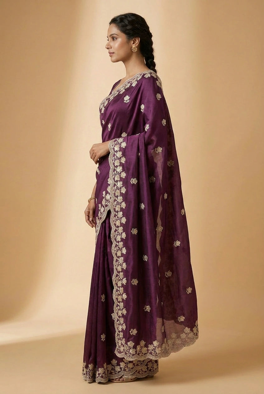 Crinkle Satin Embroidered Saree for Festive Evening