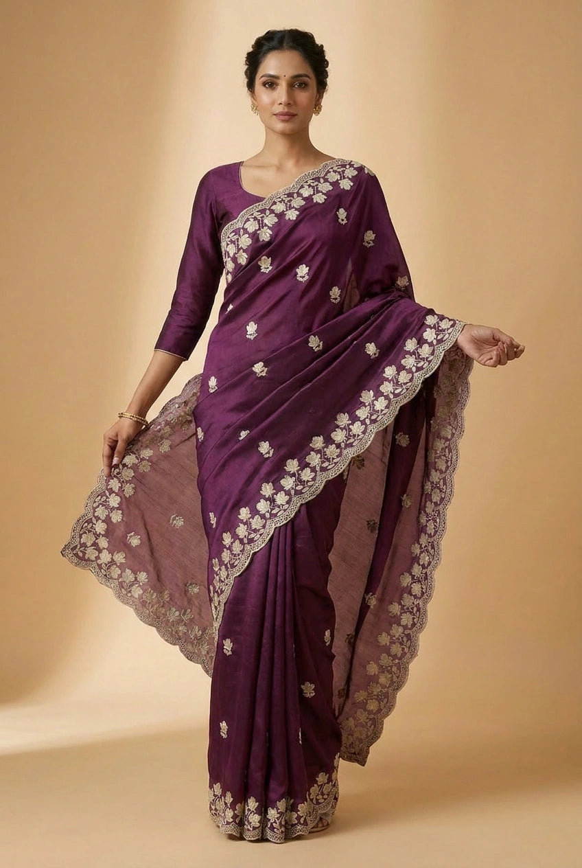 Crinkle Satin Embroidered Saree for Festive Evening