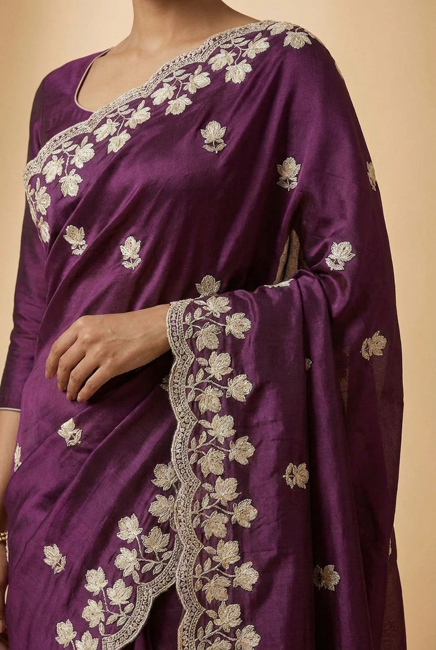 Crinkle Satin Embroidered Saree for Festive Evening