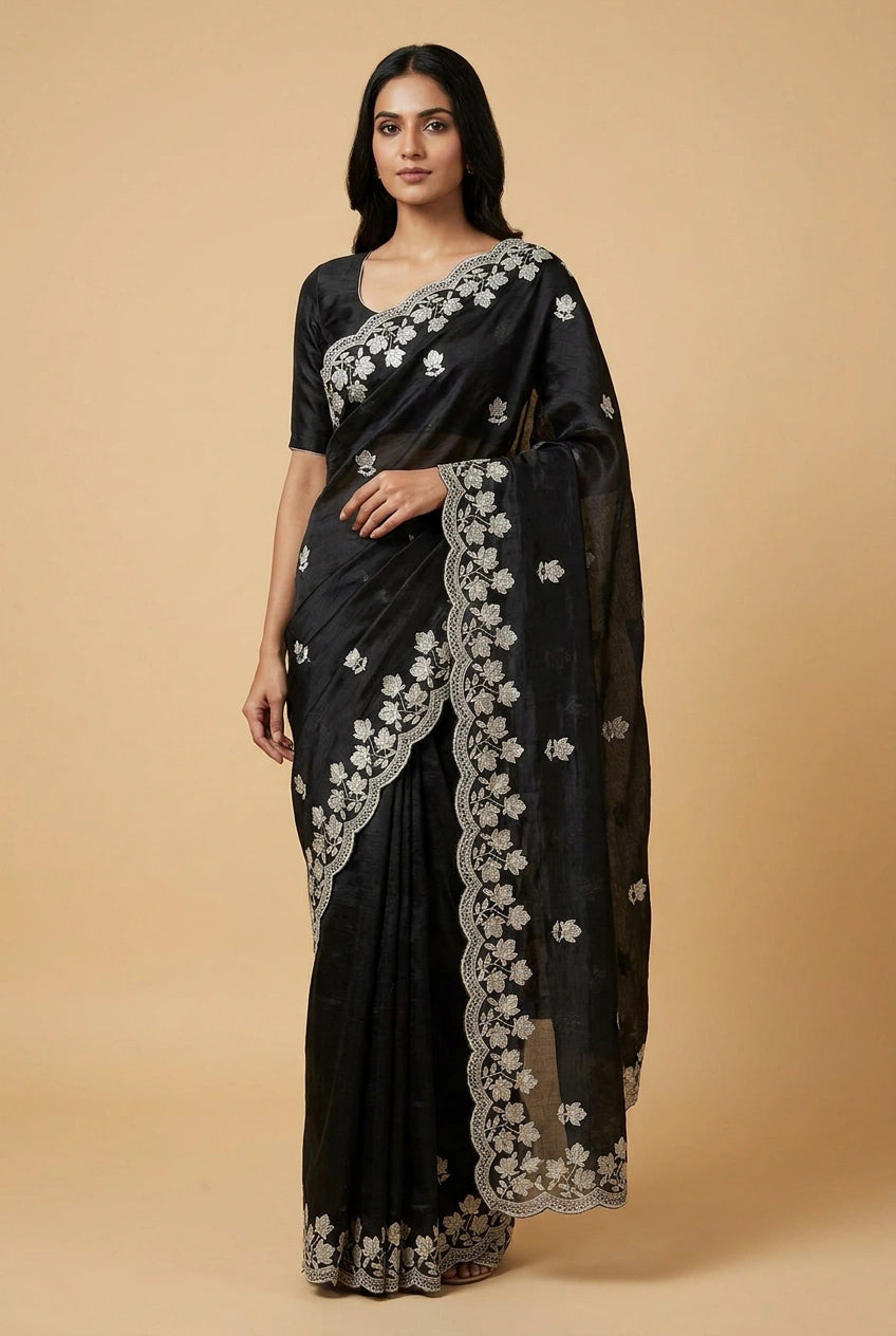 Crinkle Satin Embroidered Saree for Festive Evening