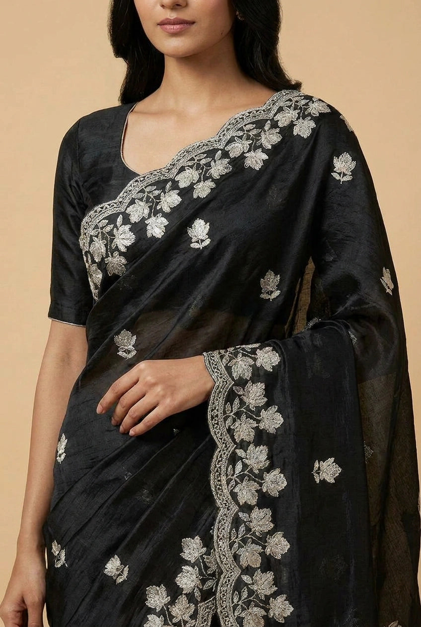 Crinkle Satin Embroidered Saree for Festive Evening
