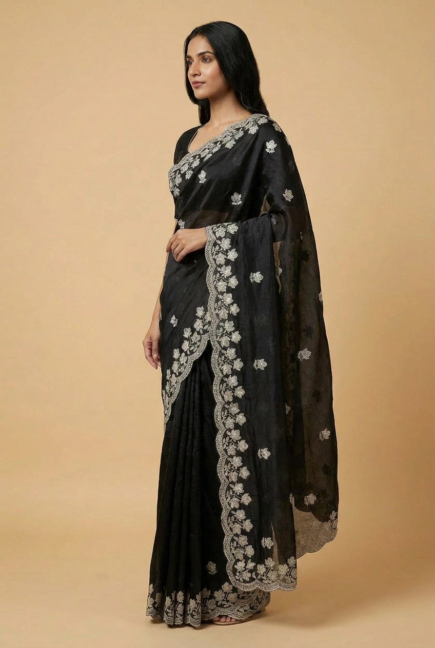 Crinkle Satin Embroidered Saree for Festive Evening