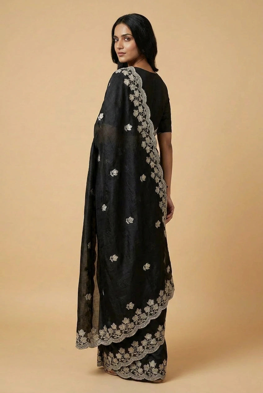 Crinkle Satin Embroidered Saree for Festive Evening