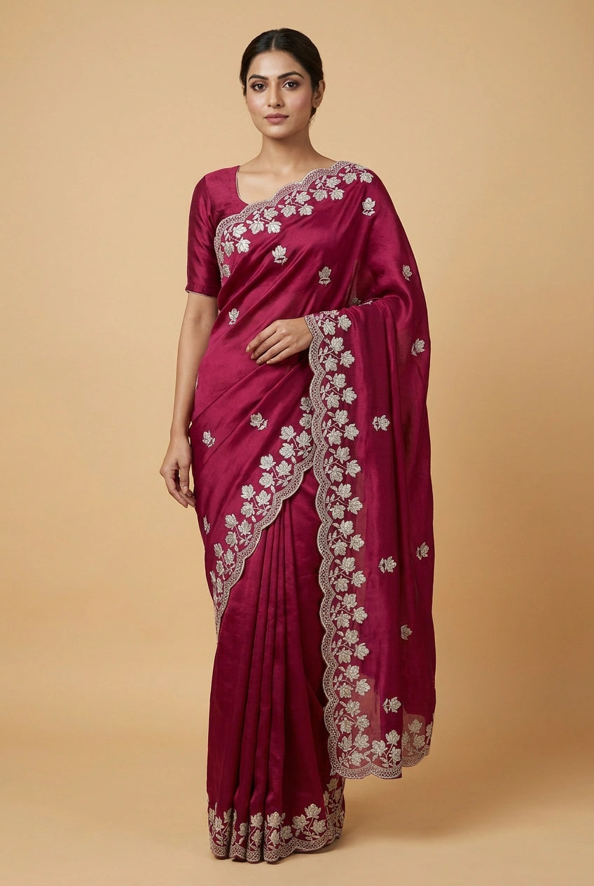Crinkle Satin Embroidered Saree for Festive Evening