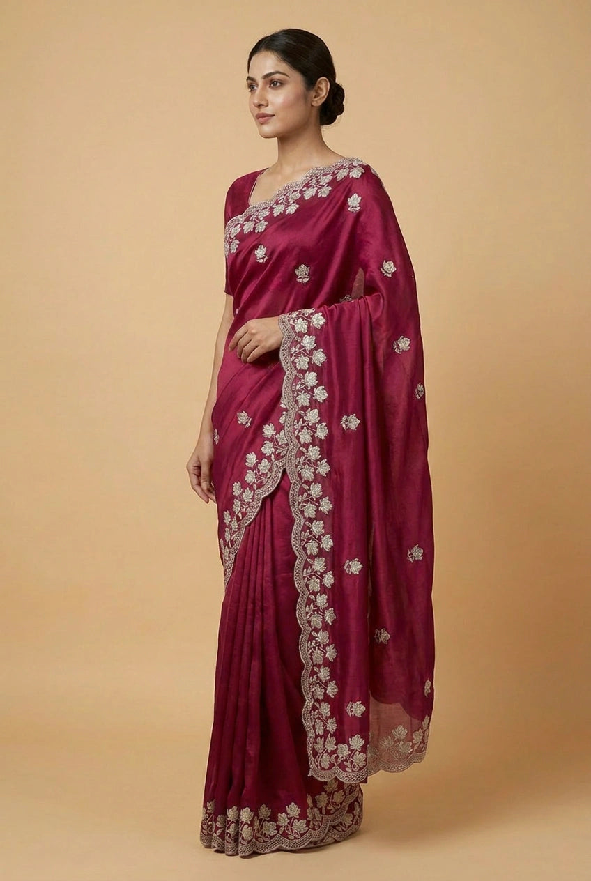 Crinkle Satin Embroidered Saree for Festive Evening